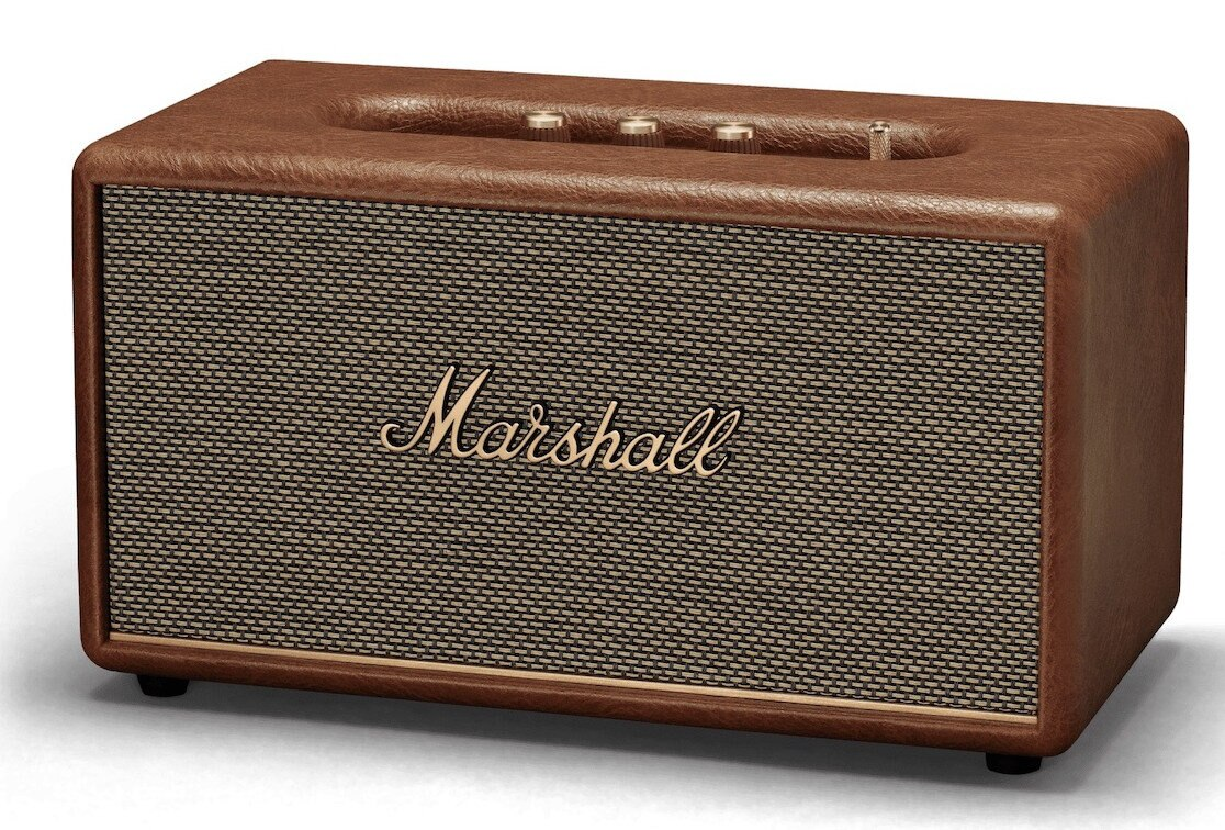 Brązowy głośnik Marshall z siatkowym przodem. Złote logo Marshall. Trzy pokrętła na górze.