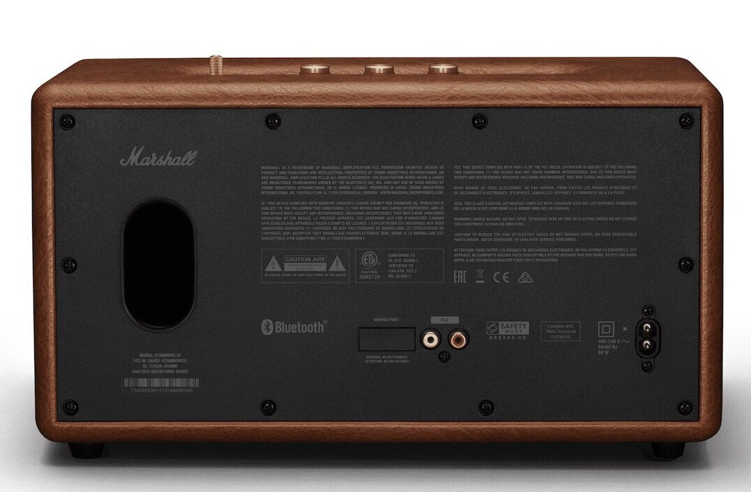 Tył brązowego głośnika Marshall z różnymi portami połączeniowymi i informacjami regulacyjnymi.