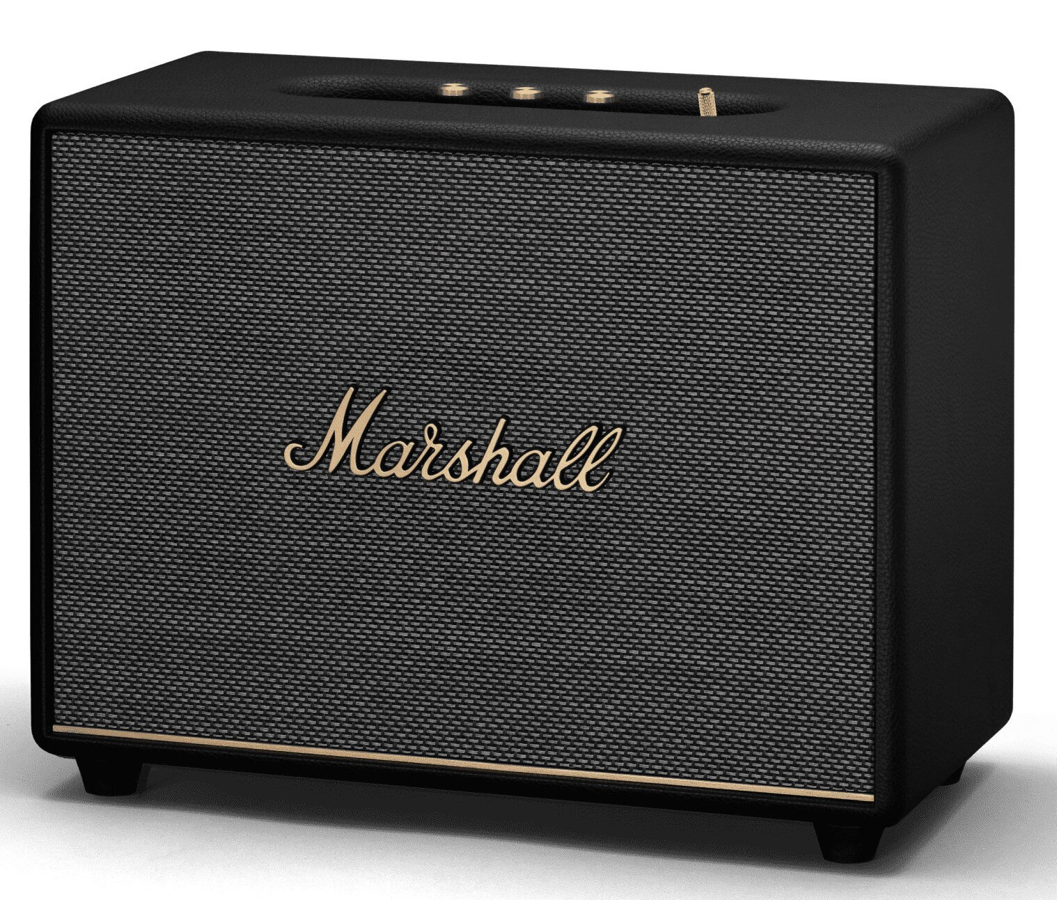 Czarny głośnik Marshall. Złote logo Marshall. Czarny przód z siatki. Czarne i złote wykończenie u podstawy.