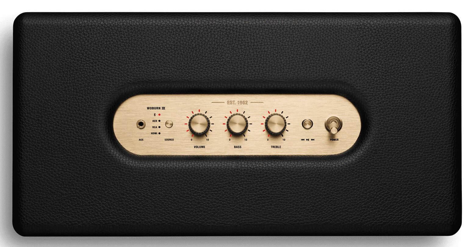 Czarny i złoty panel sterowania głośnikiem Marshall z pokrętłami i przełącznikami.