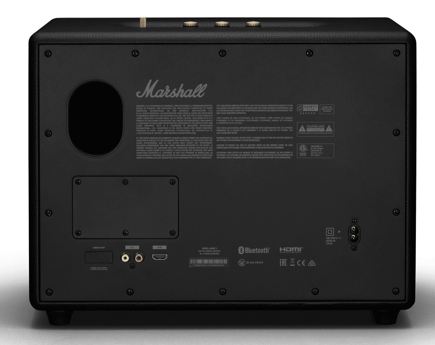Tył czarnego głośnika Marshall, pokazujący porty, etykiety oraz logo Bluetooth i HDMI.