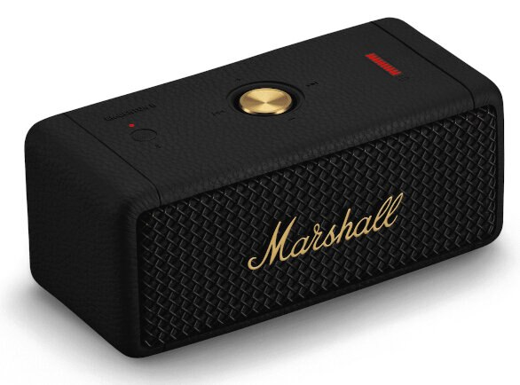 Czarny głośnik Marshall ze złotym logo i teksturowanym przodem. Na białym tle.