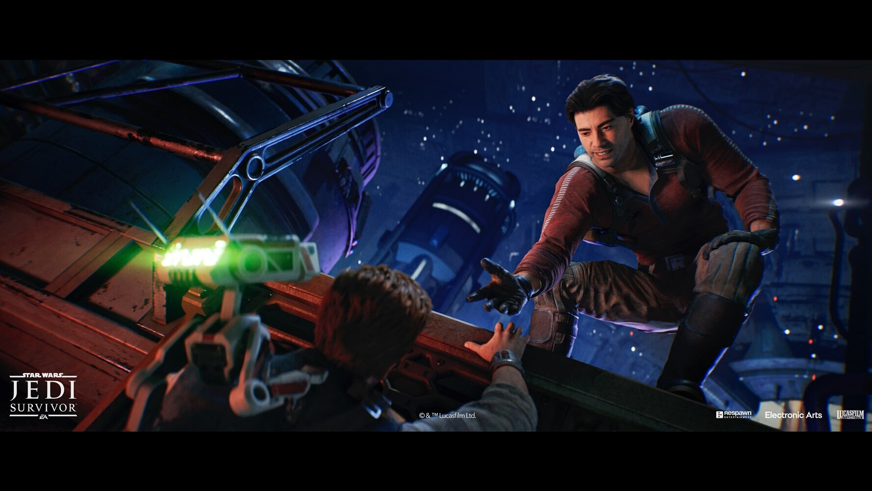 Dwie postacie w scenie z gry Star Wars. Jedna wyciąga rękę do drugiej.