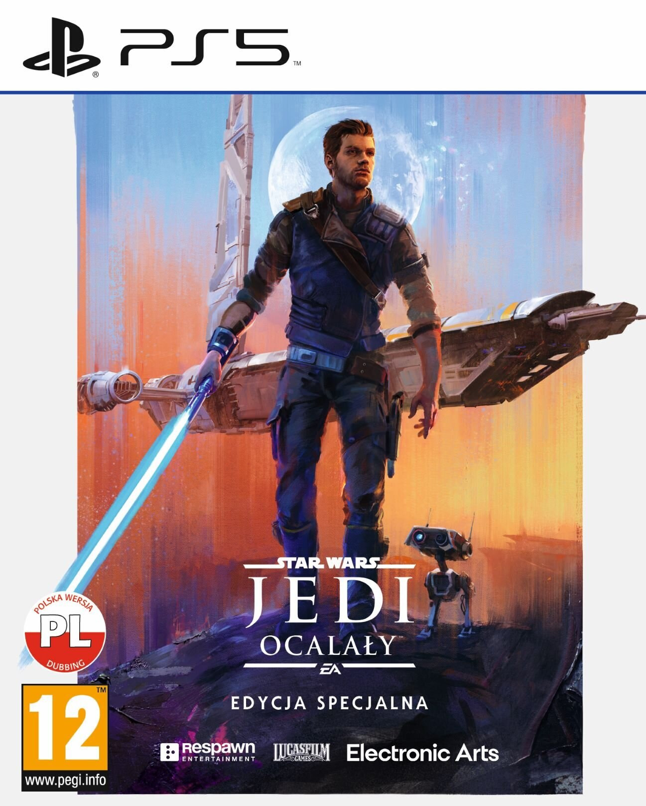 Okładka gry: mężczyzna z mieczem świetlnym, tytuł "Star Wars Jedi Ocalały", logo PS5, tło kosmiczne.