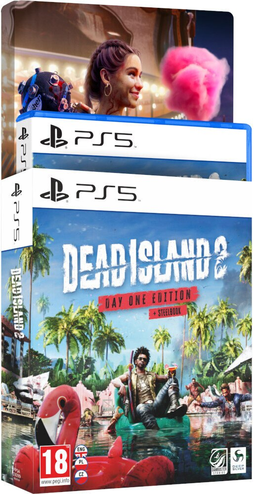 Pudełka z grą Dead Island 2, z pudełkiem PS5 i uśmiechniętą dziewczyną w tle.