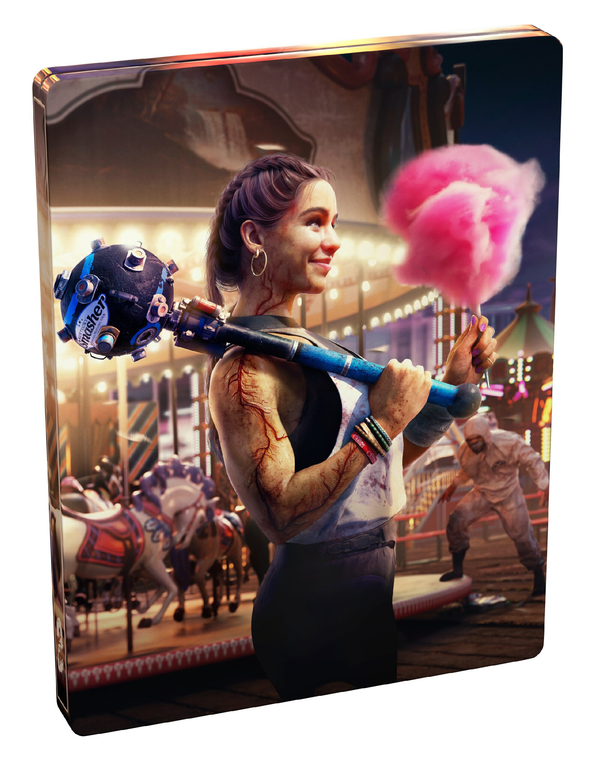 Kobieta z bronią i watą cukrową na karnawale, z rozmytym tłem.