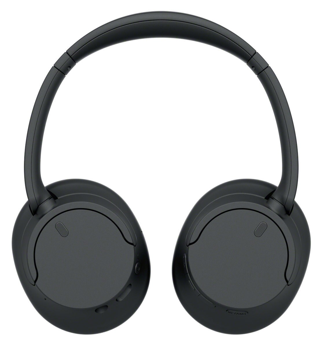 Czarne słuchawki z zakrzywionym pałąkiem i okrągłymi nausznikami. Na nausznikach znajduje się przycisk i logo.
