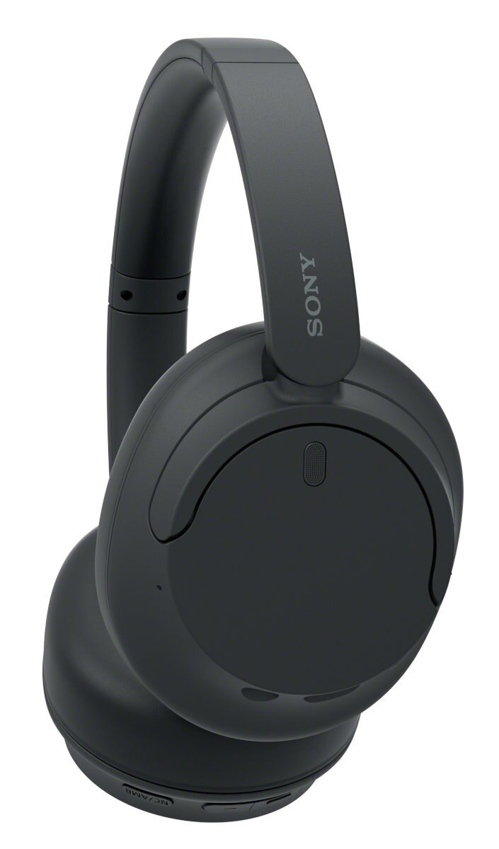 Czarne słuchawki Sony z zakrzywionym designem i przyciskiem.