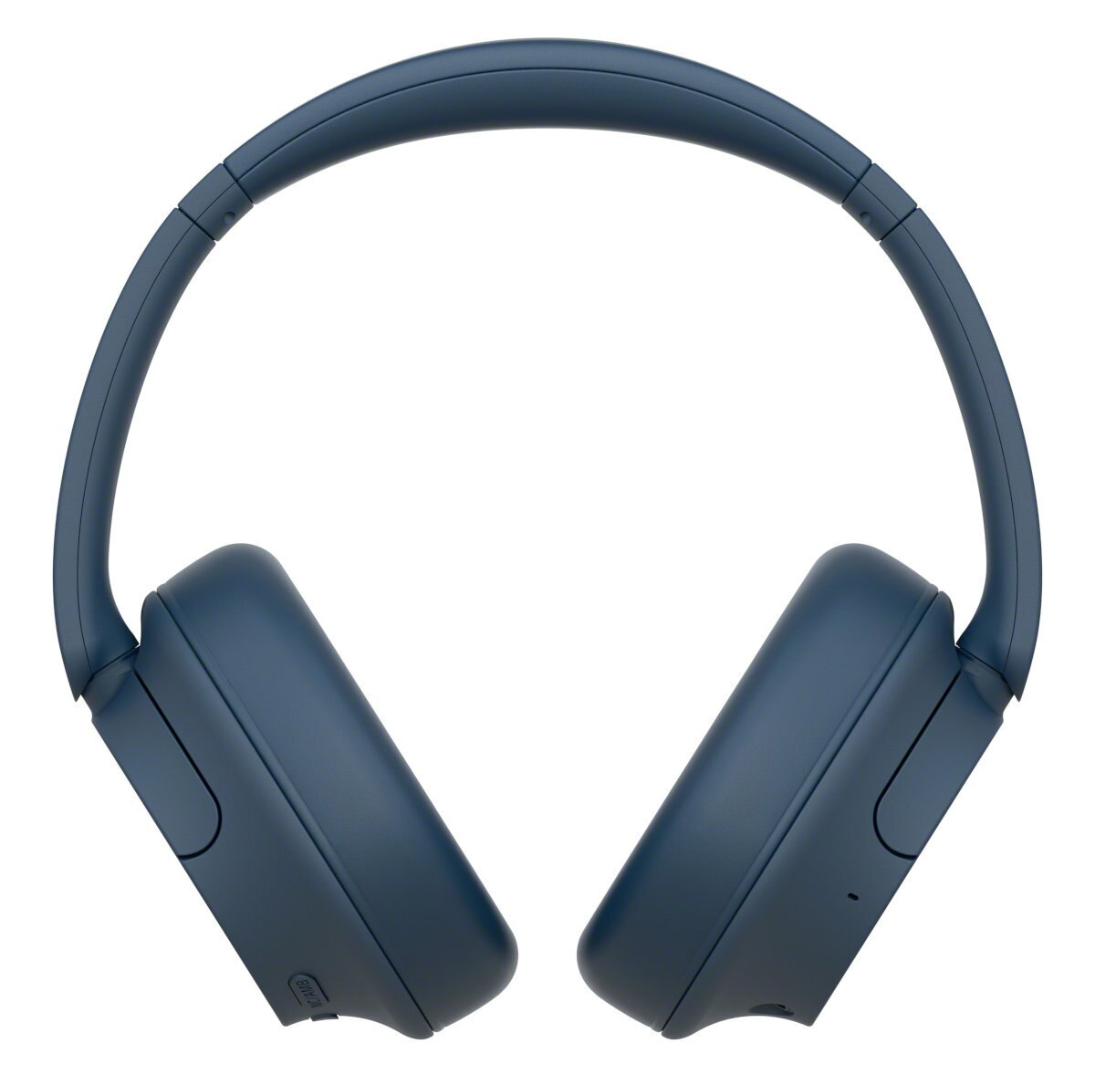 Niebieskie słuchawki nauszne, leżące płasko. Widoczne nauszniki, na białym tle.