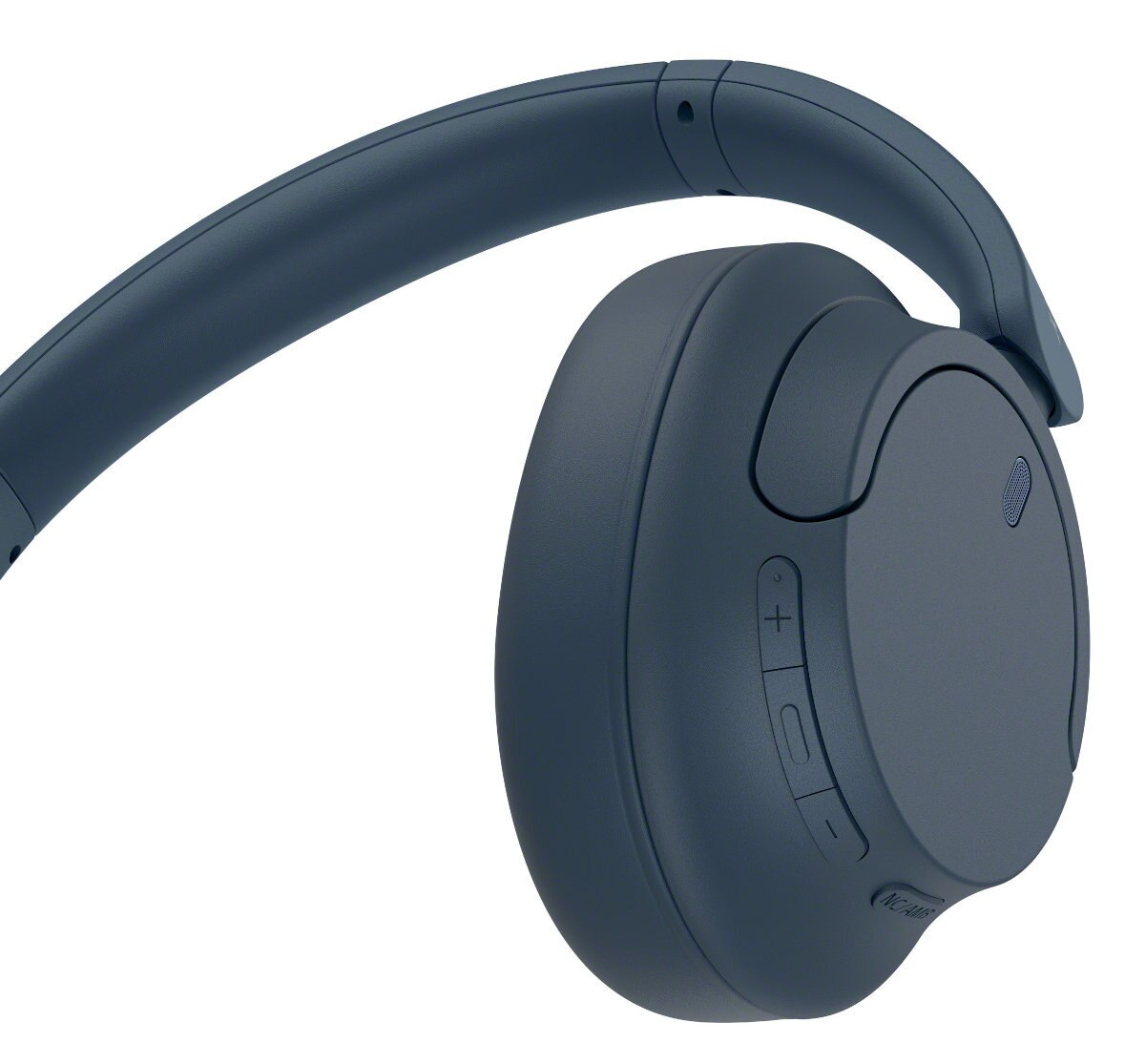 Niebieskie słuchawki nauszne, z prawą stroną pokazującą przyciski sterowania i resztę konstrukcji.