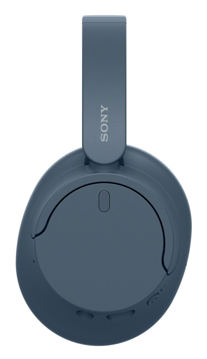 Niebieskie słuchawki Sony, widok z góry. Prosty design, widoczne nauszniki i pałąk.