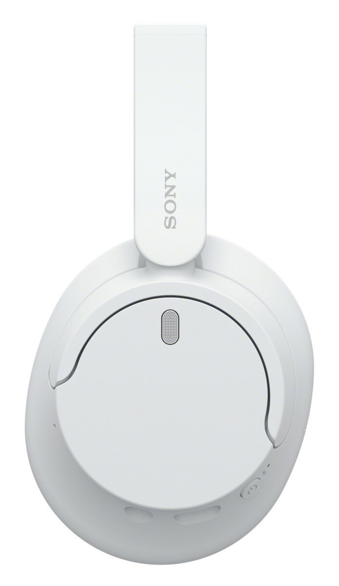 Białe słuchawki. Widoczne logo Sony. Białe tło.