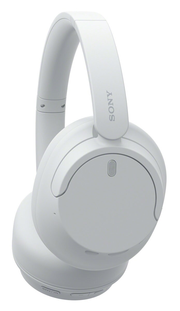 Białe słuchawki Sony z pałąkiem i nausznikami, widok z boku.