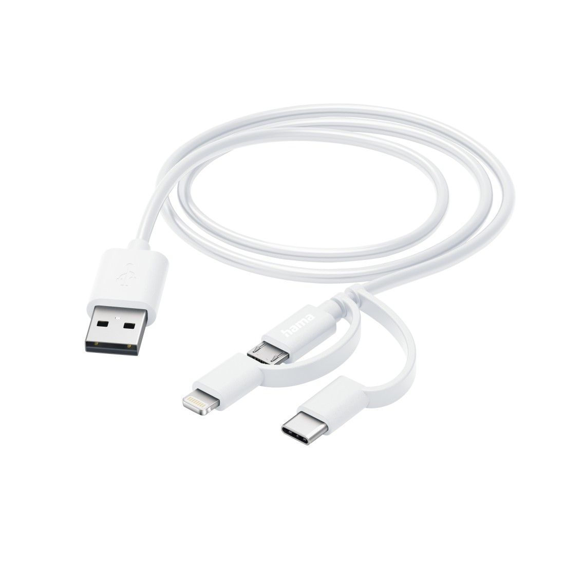 Ein weißes USB-Kabel mit drei Anschlüssen: USB-A, Lightning und USB-C.