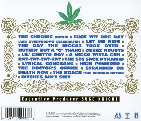 Album borító számlistával, kannabisz levéllel és díszítő mintákkal.