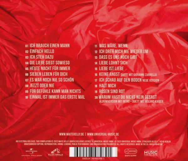 Roter Hintergrund mit Trackliste eines Albums, weißer Text.