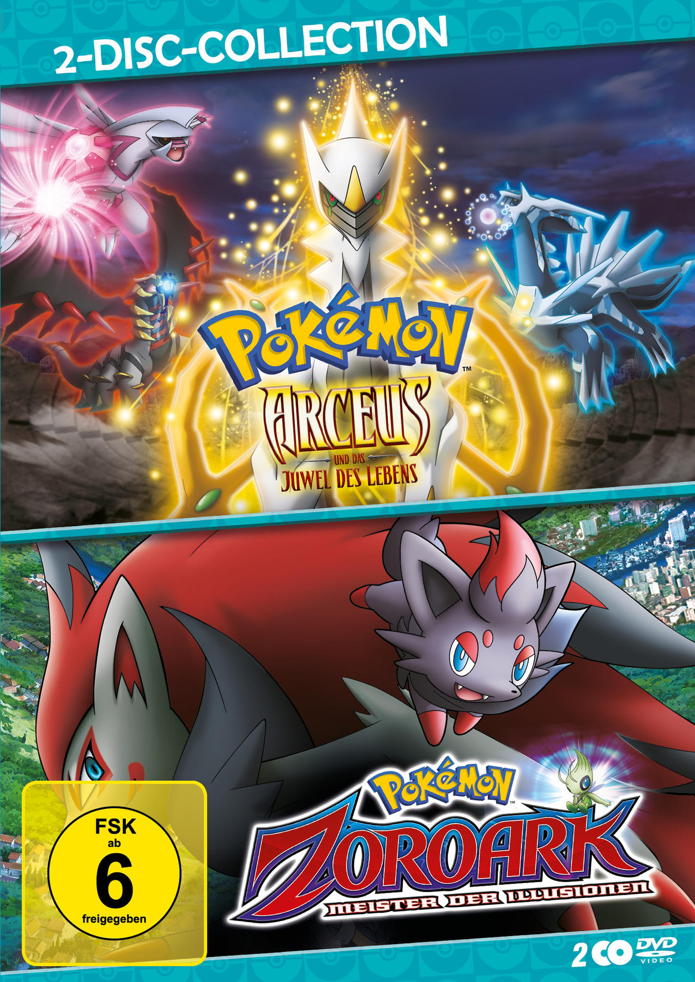 Ein DVD-Cover mit Pokémon-Charakteren: Arceus, Zoroark und einem gelben Kreis unten.