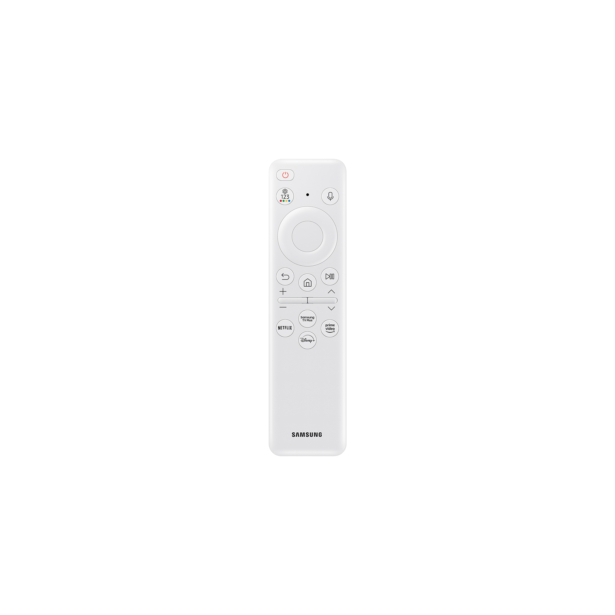 Un mando a distancia blanco de Samsung con varios botones, incluyendo volumen, canal y servicios de streaming.