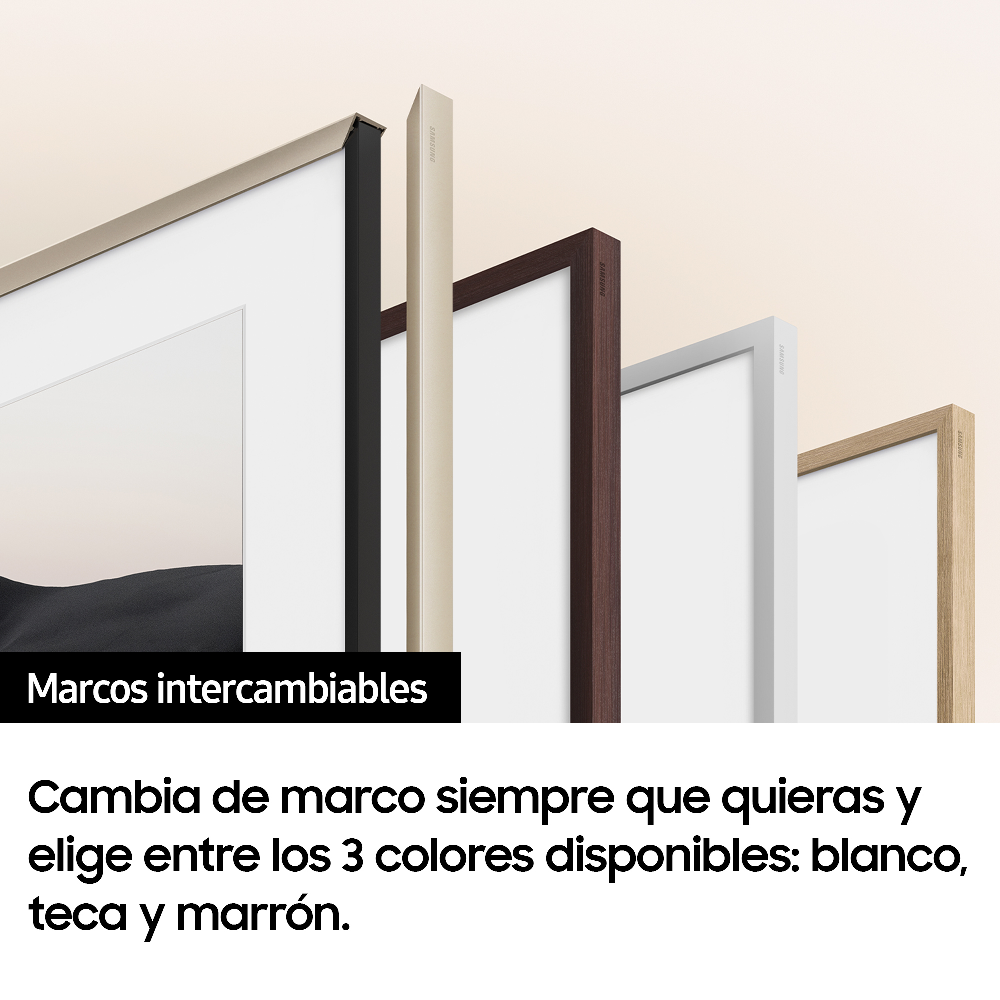 Cuatro marcos de diferentes colores. El texto dice que cambies los marcos y elijas entre blanco, teca y marrón.