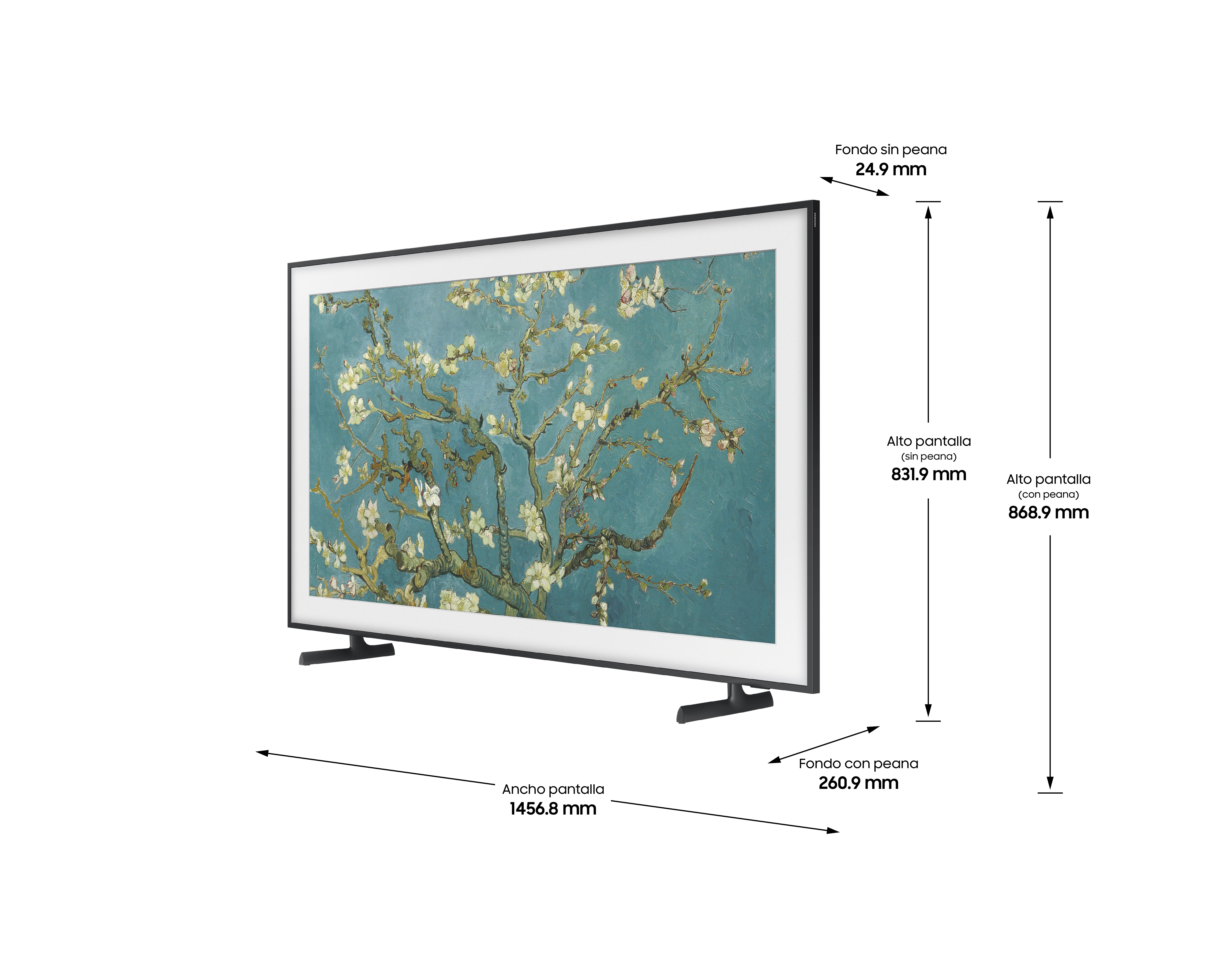 TV con pintura, dimensiones etiquetadas: ancho, alto, profundidad.
