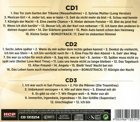 CDs mit Titellisten von drei CDs. Der Text ist auf Deutsch und enthält verschiedene Songtitel.