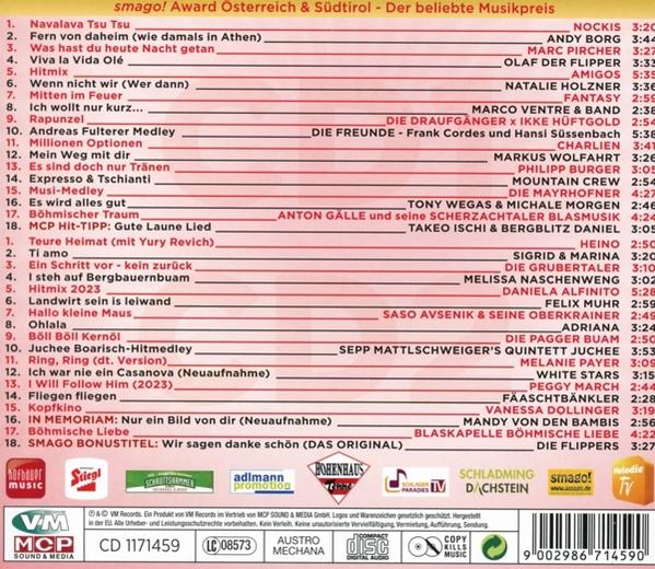 CD-Hülle mit Titelliste. Ein kreisförmiges Etikett unten links und Text auf Deutsch.