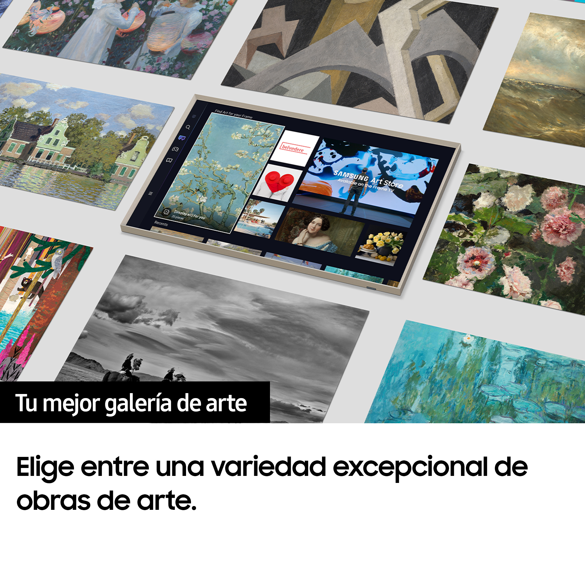 Pantalla de TV con imágenes de arte. Texto en español: Tu mejor galería de arte. Elige arte excepcional.