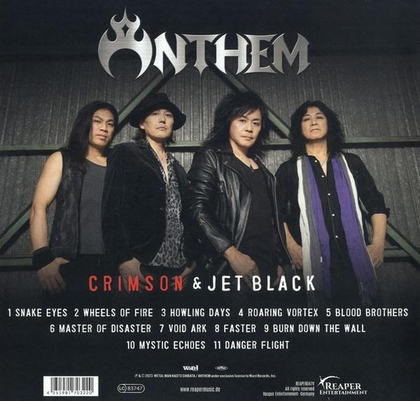 Die Rückseite einer CD mit der Band Anthem und ihrem Album 'Crimson & Jet Black'.