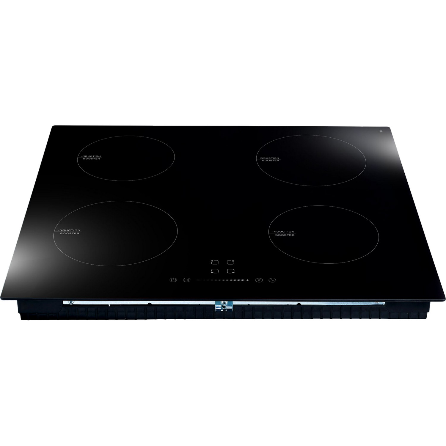 Black induction cooktop with four circular burners and touch controls.