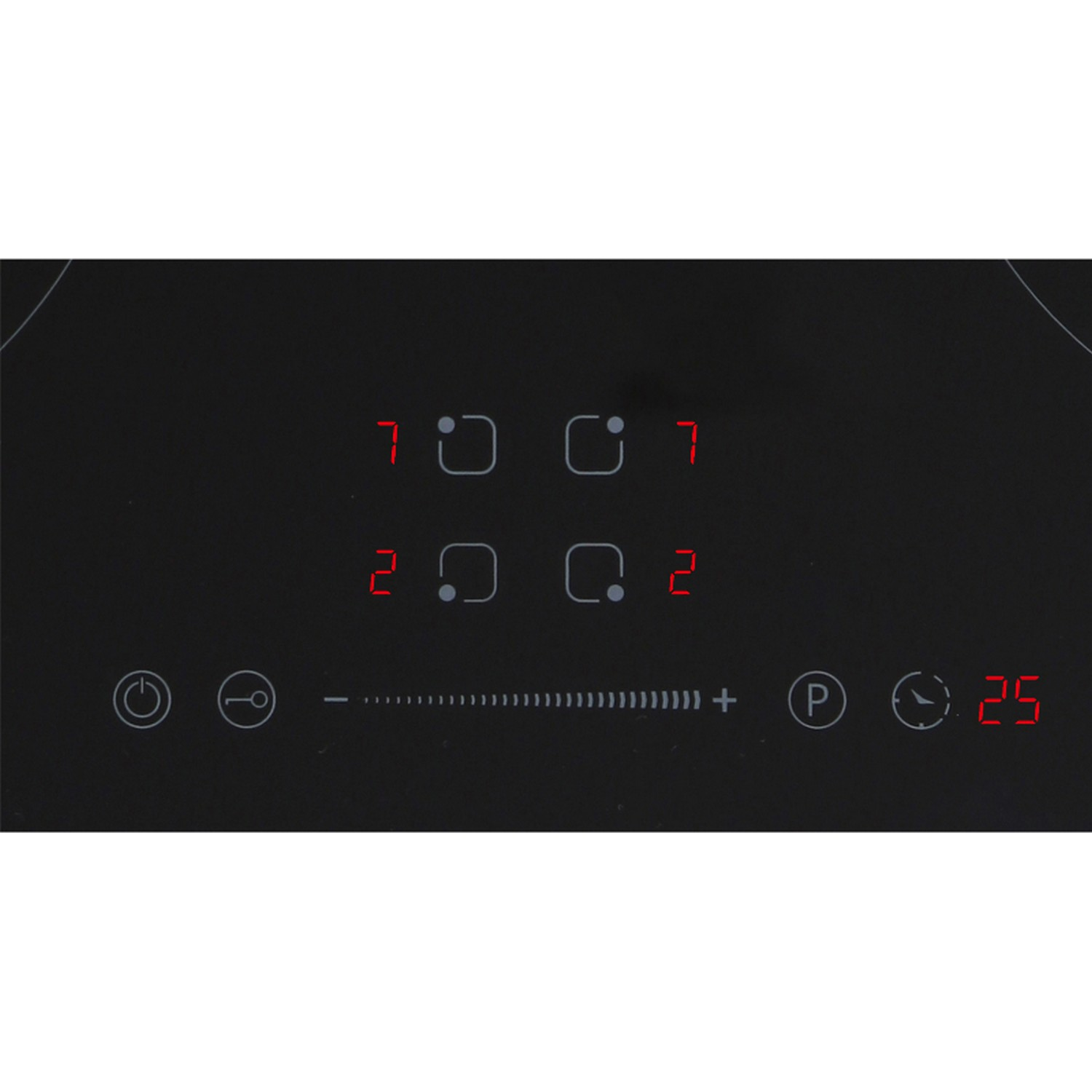 Close-up of a black induction cooktop with red digital display and control buttons.