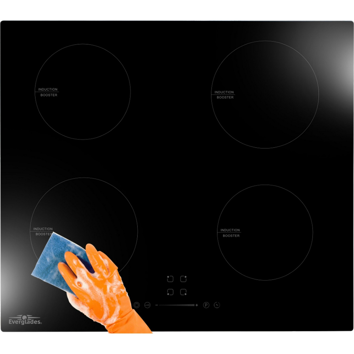 A black induction cooktop with four burners, a hand with orange gloves wiping the surface.