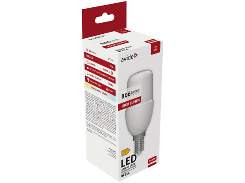 AVIDE LED Bright Stick T37 izzó. 7W, E14, 806lm, WW 3000K, meleg fehér (ABBSE14WW-7WA)