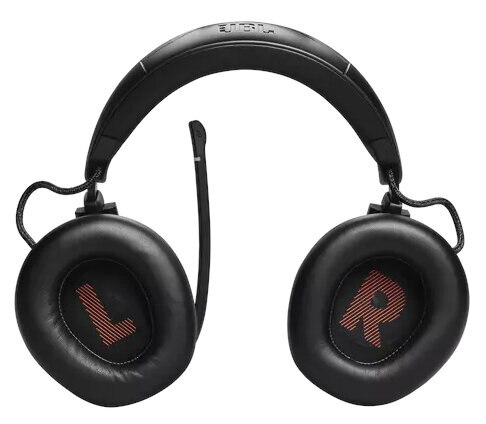 Czarne słuchawki gamingowe JBL z mikrofonem, litery 'L' i 'R' na nausznikach.