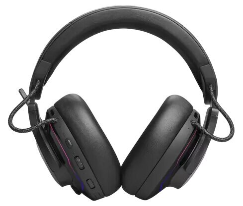 Czarne słuchawki, konstrukcja nauszna, widok pod kątem, z elementami sterującymi i przewodem.