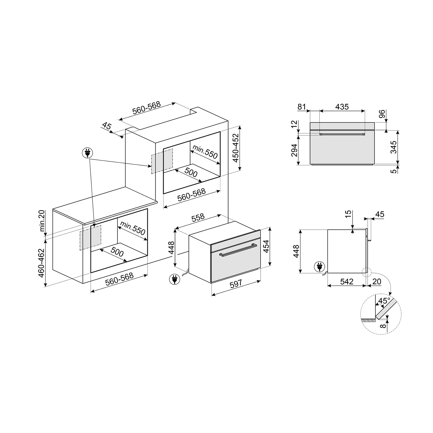 Disegni tecnici di un forno, con dimensioni e componenti interni, con frecce che indicano le parti.