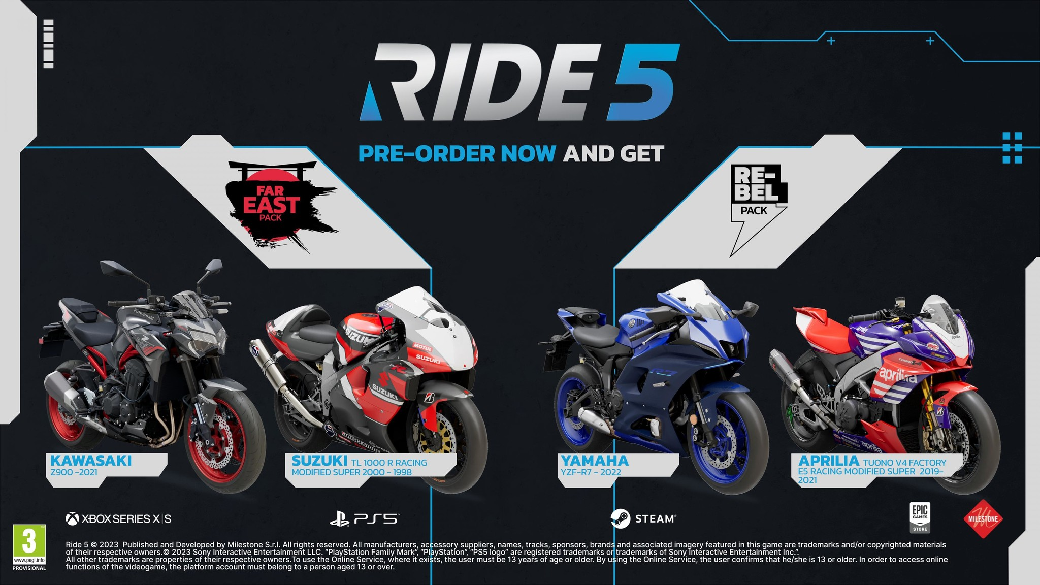 Motociclette per la promozione del gioco Ride 5, con testo e loghi su sfondo blu.