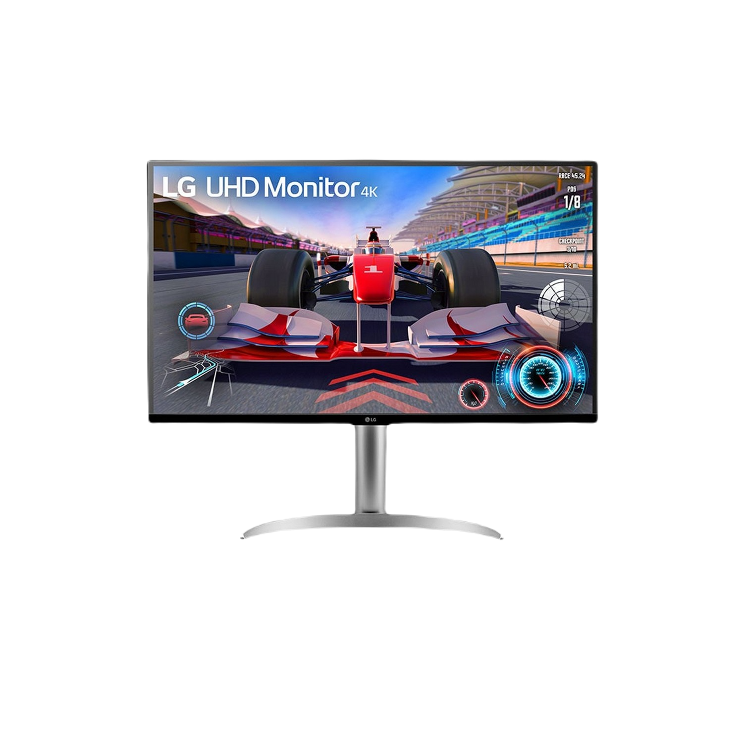 L'écran LG UHD affiche un jeu de course. Une voiture de course rouge et blanche est à l'écran. Le pied est argenté. Le fond est noir.
