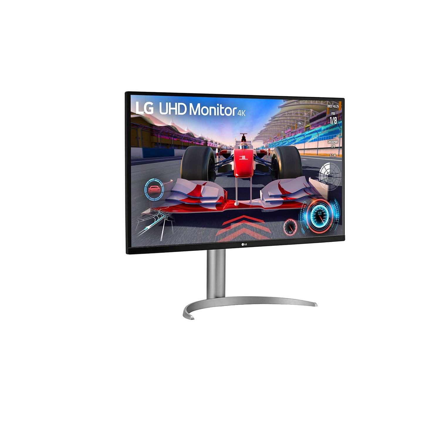 Le moniteur LG 4K affiche un jeu de course avec une voiture rouge. Le moniteur a un pied argenté et un cadre noir.