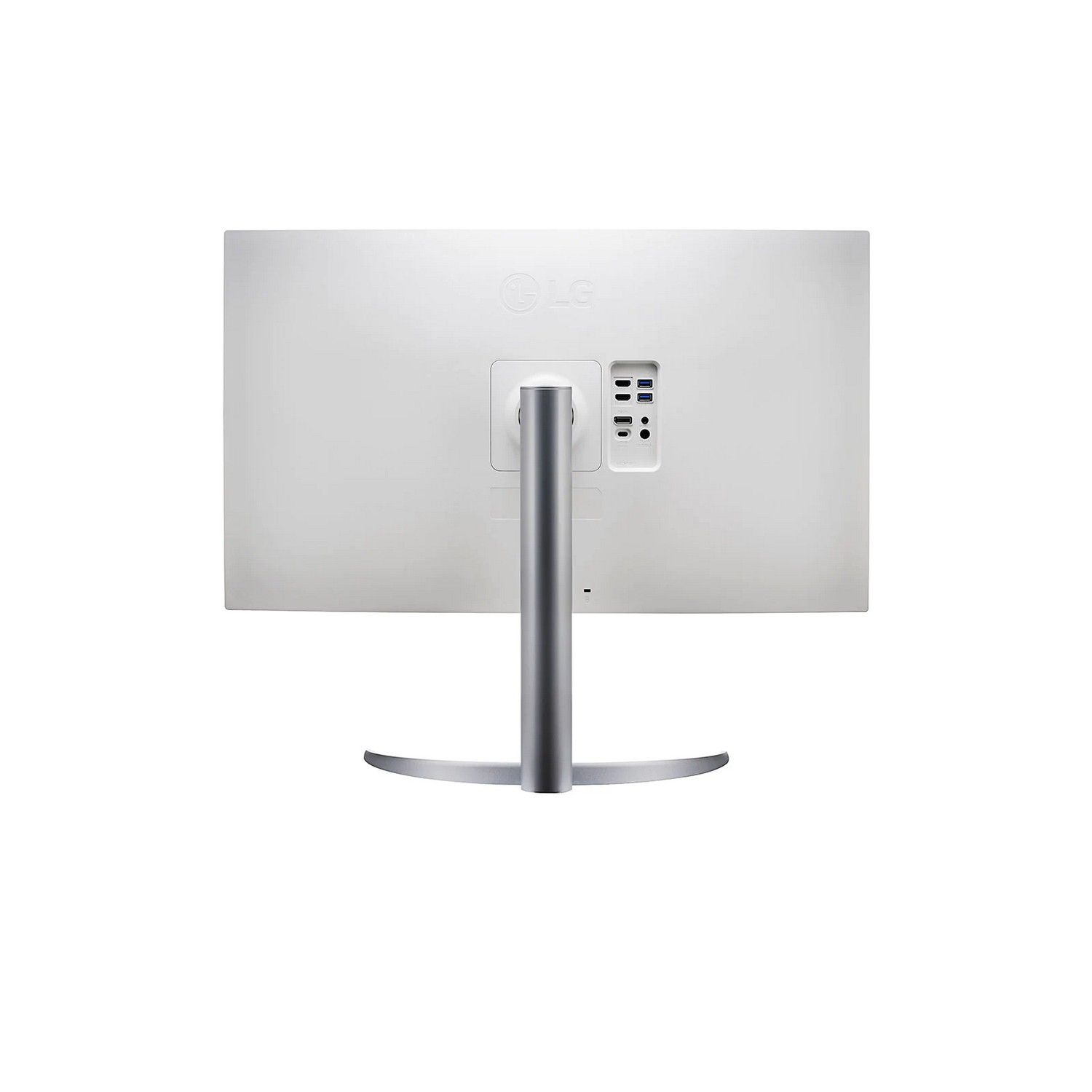 Un moniteur LG blanc vu de dos. Il a un support argenté et des ports. Le fond est blanc.