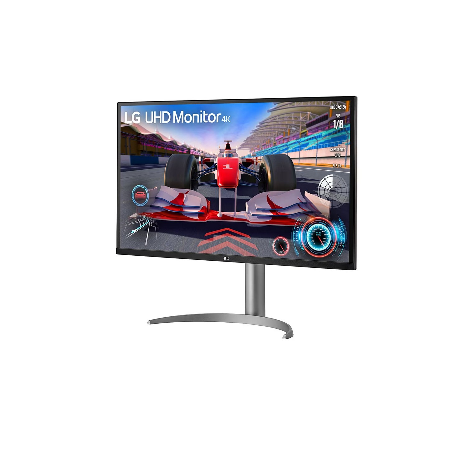 Moniteur LG 4K affichant un jeu de course. Une voiture de course rouge est au centre. Le moniteur a un pied argenté.