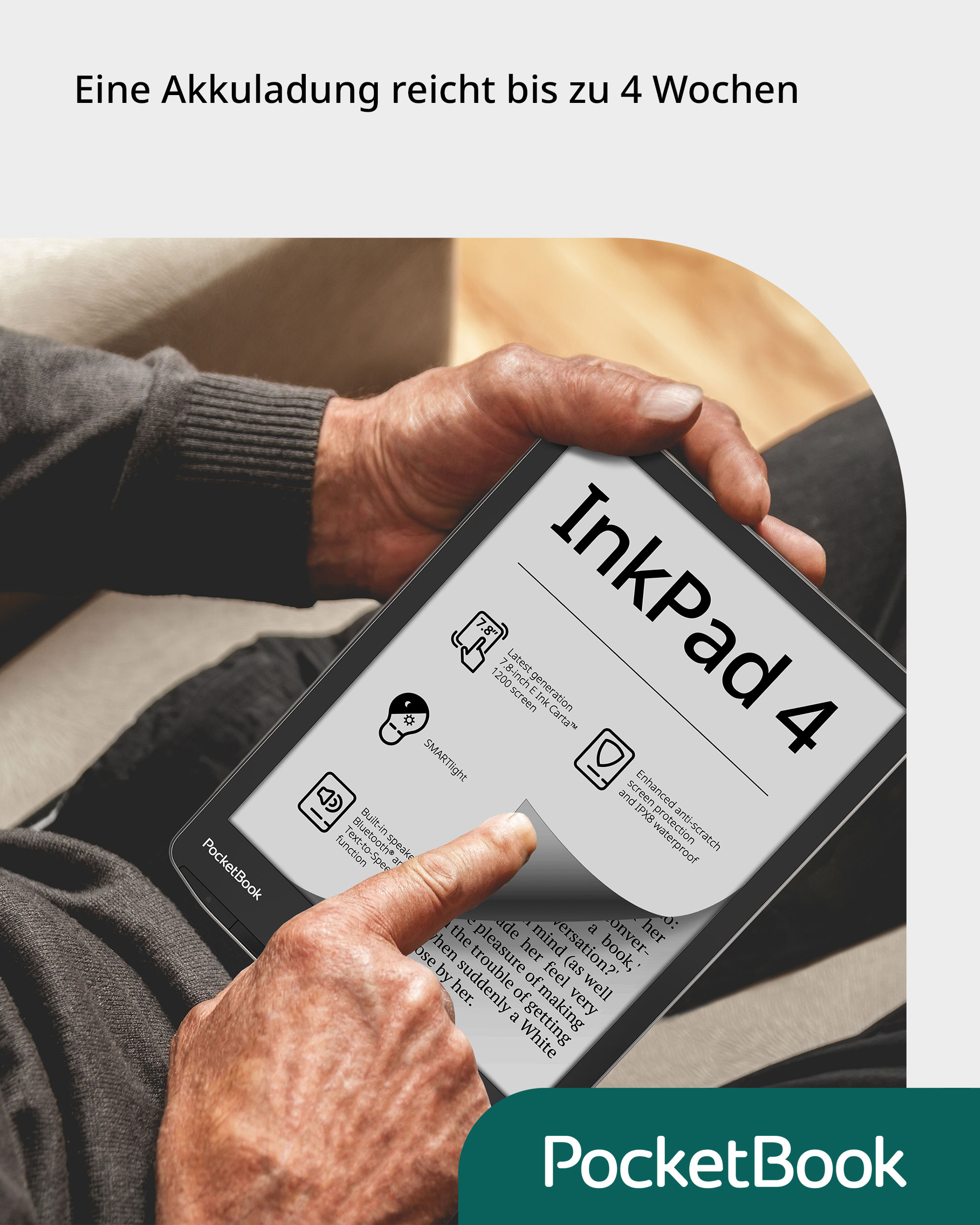 PocketBook InkPad 4. Person hält es in der Hand. Text auf dem Bildschirm. Text auf Deutsch.