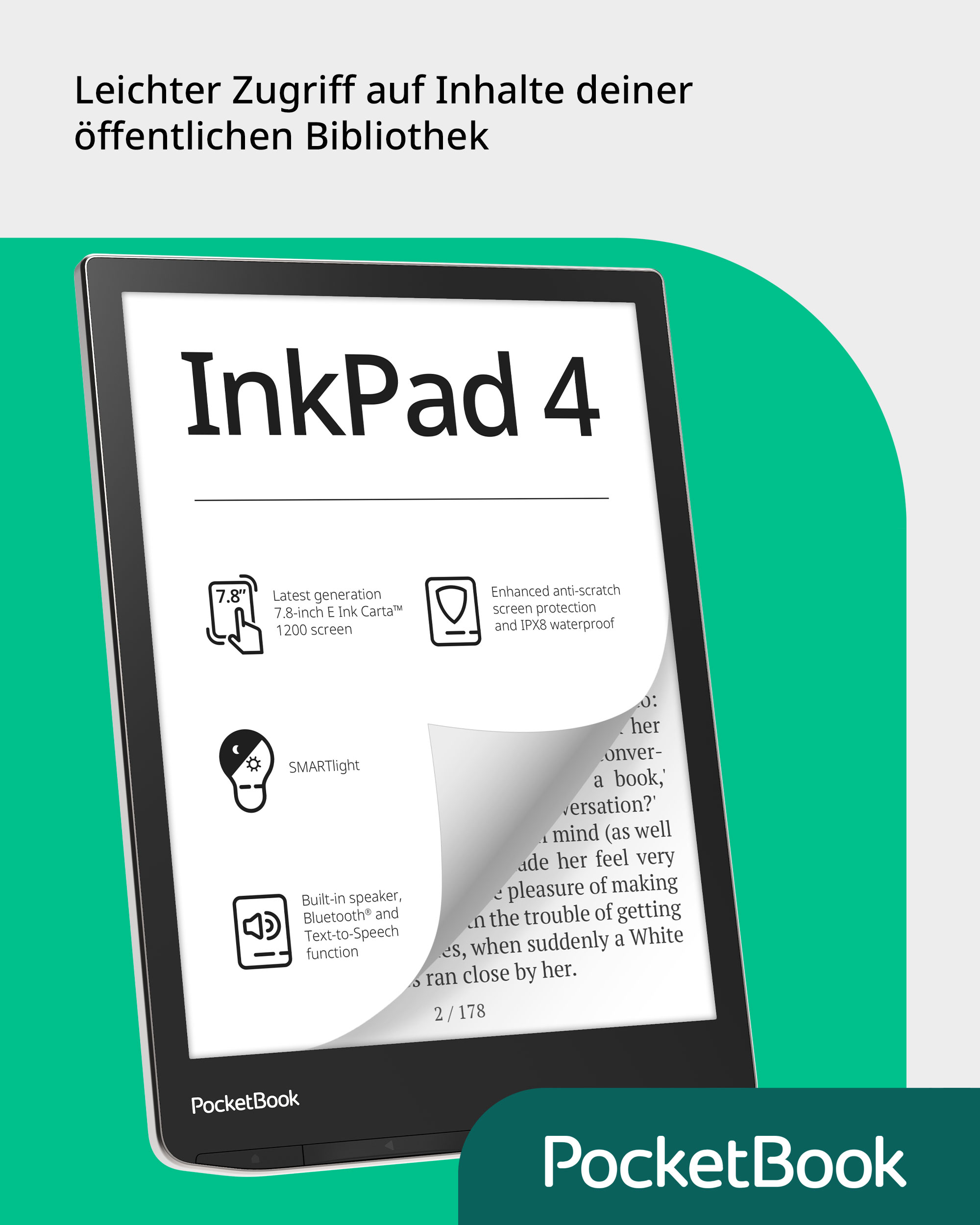 E-Reader InkPad 4 mit Text, Symbolen und PocketBook-Logo auf grünem Grund.