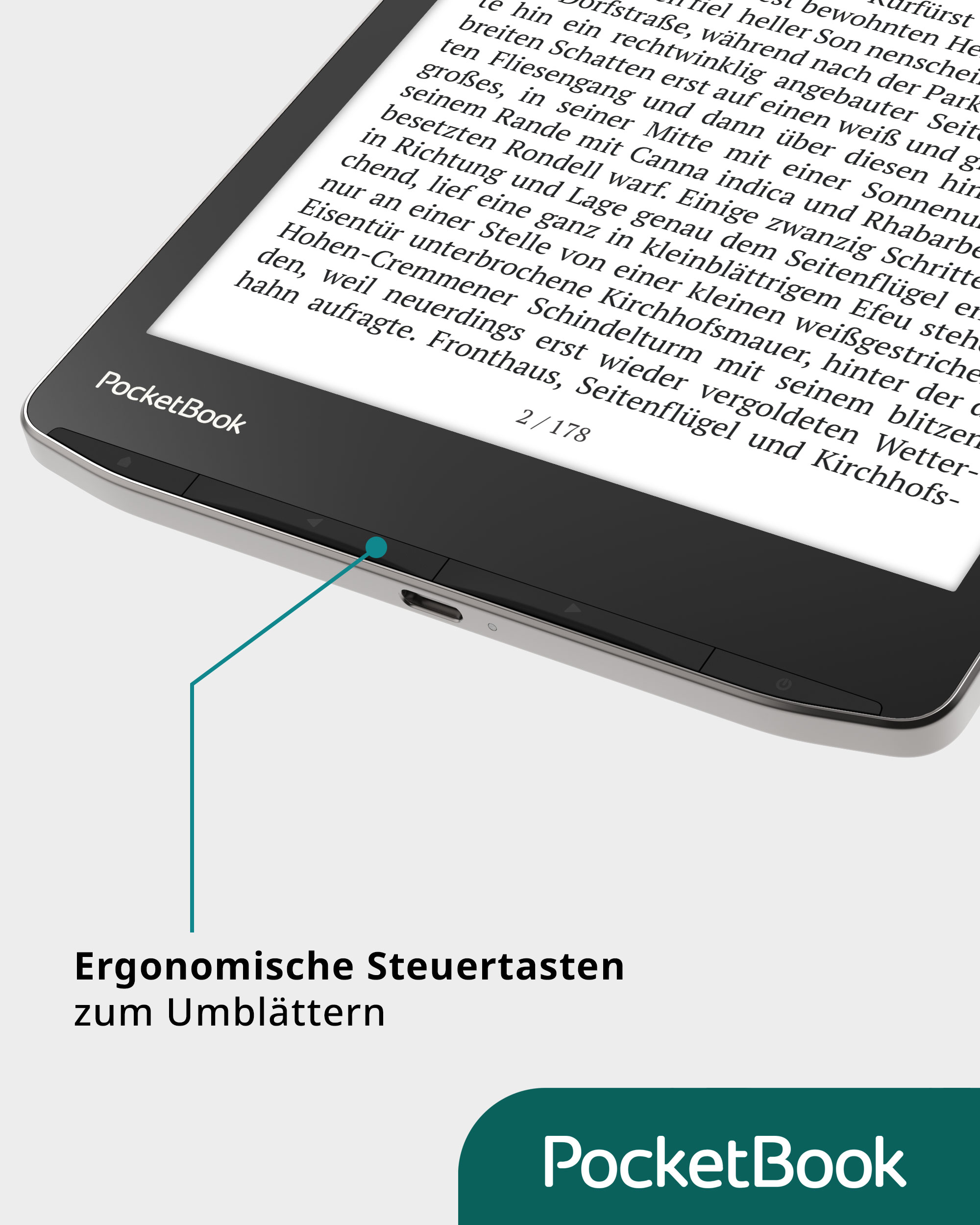 Ein E-Reader, der Text mit Navigationstasten zeigt. Text auf Deutsch. PocketBook ist die Marke.