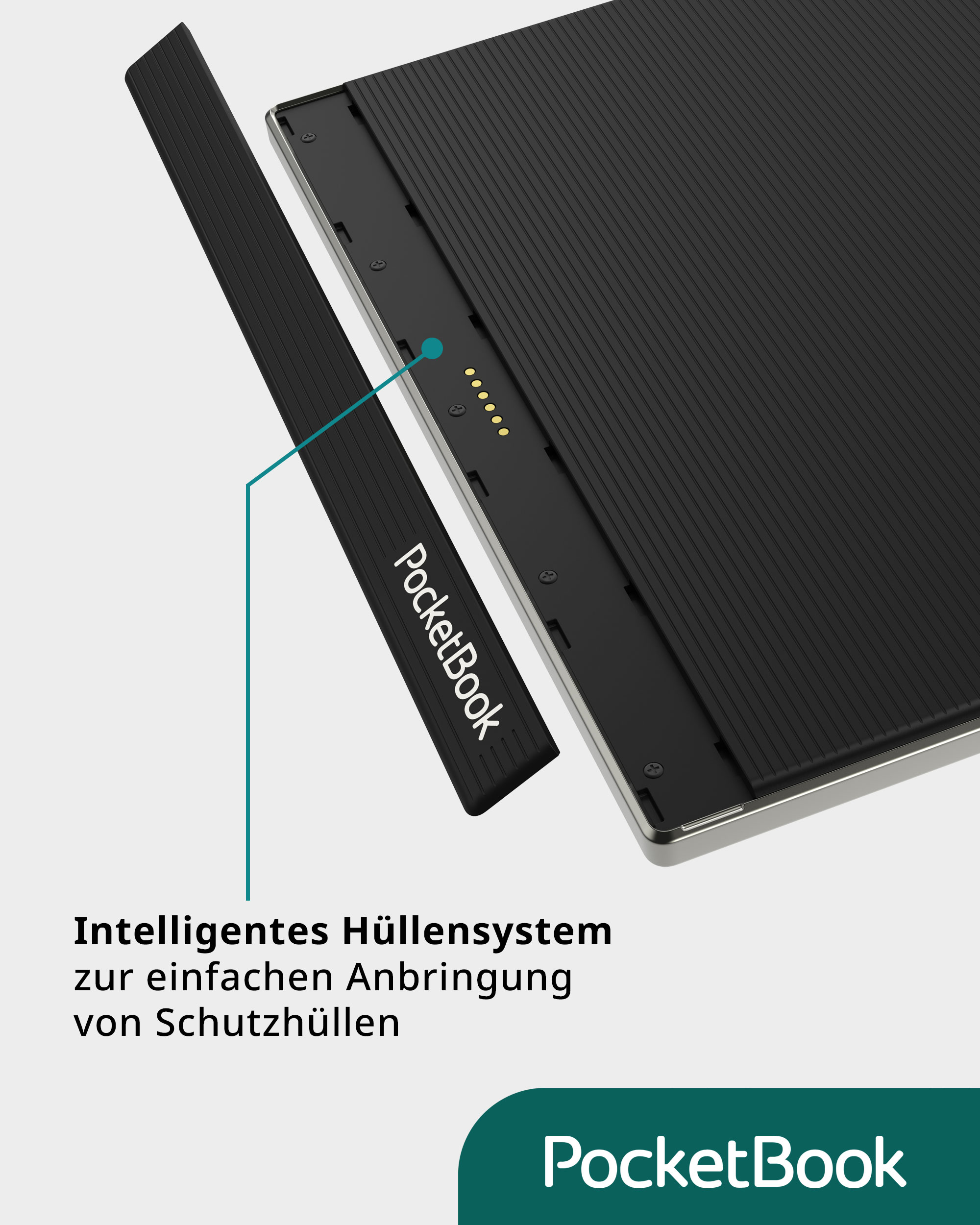 eReader mit schwarzem Cover, das am Gerät befestigt ist, Markenname sichtbar. Weißer Hintergrund.