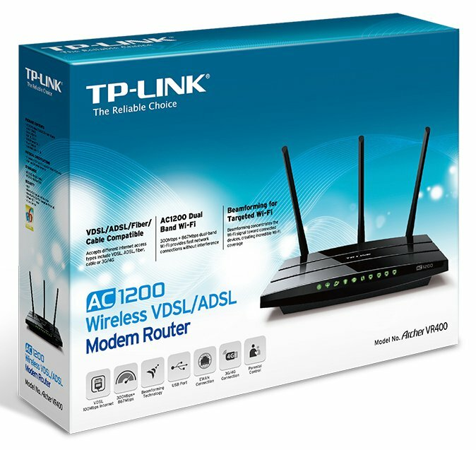 Pudełko routera TP-Link, widok z przodu. Obraz routera i opis funkcji, niebieskie tło.