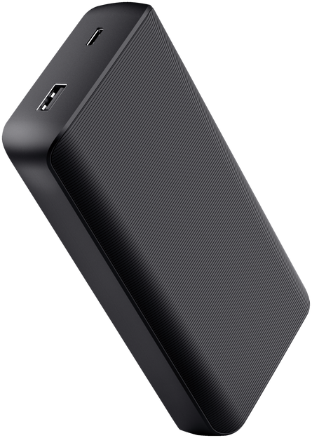 Fekete power bank bordázott felülettel, USB és USB-C portokkal.