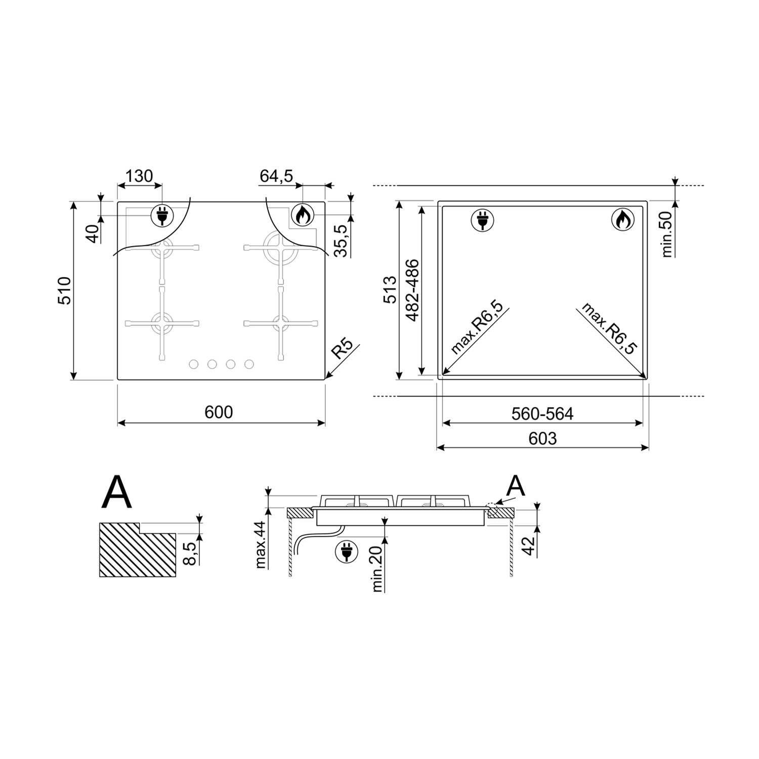 Disegno tecnico di un piano cottura, con dimensioni, bruciatori e una sezione.