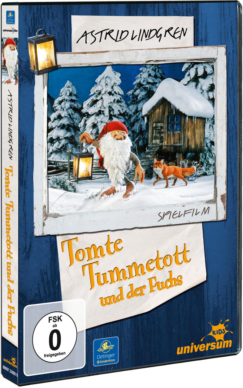 DVD-Hülle von 'Tomte Tummetott und der Fuchs'. Blauer Umschlag mit Zeichentrickszene, Schnee, Fuchs und altem Mann.