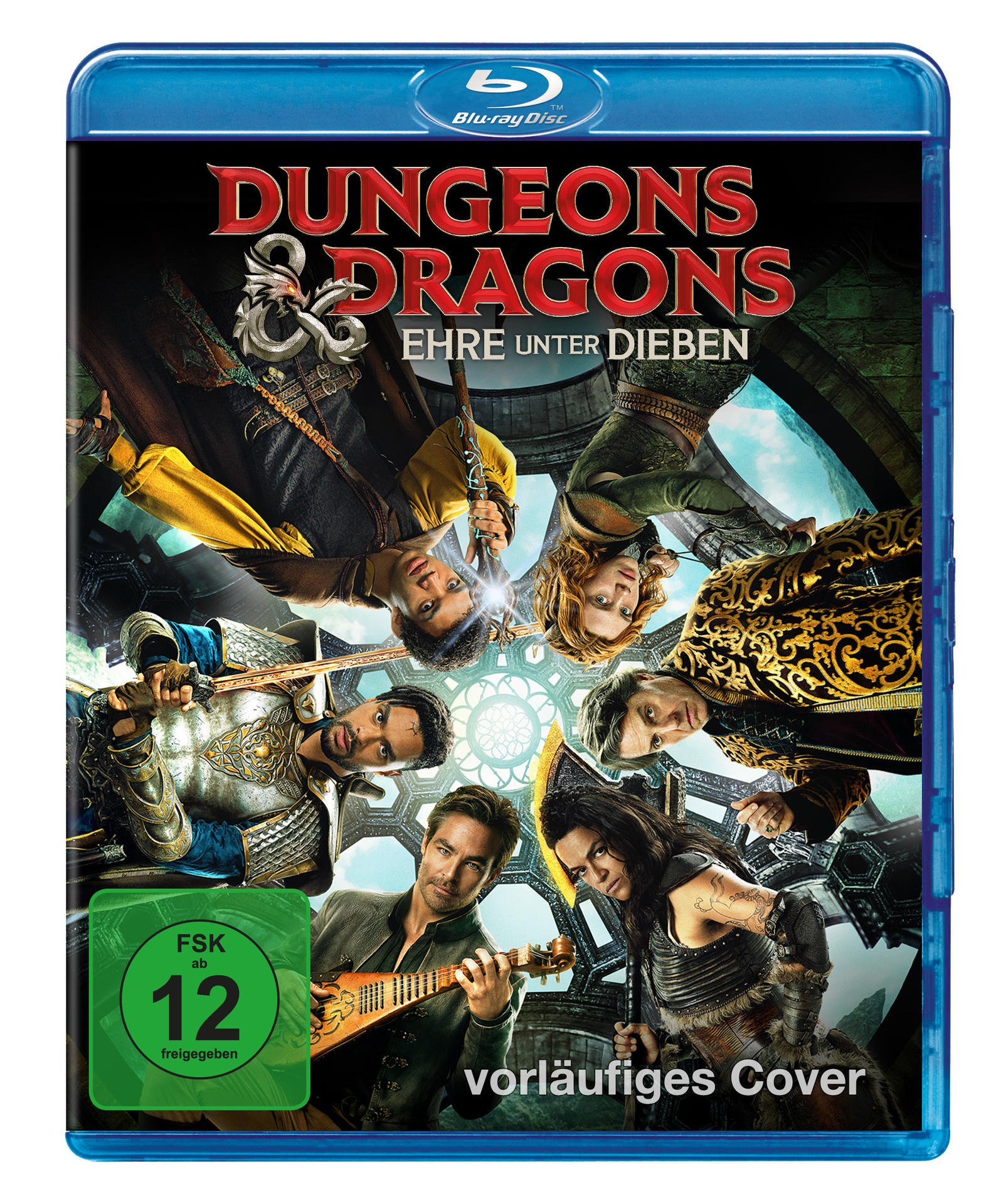 Blu-ray-Cover für den Film Dungeons & Dragons. Zeigt eine Gruppe von Menschen. Blauer Rahmen und Titel in Weiß.