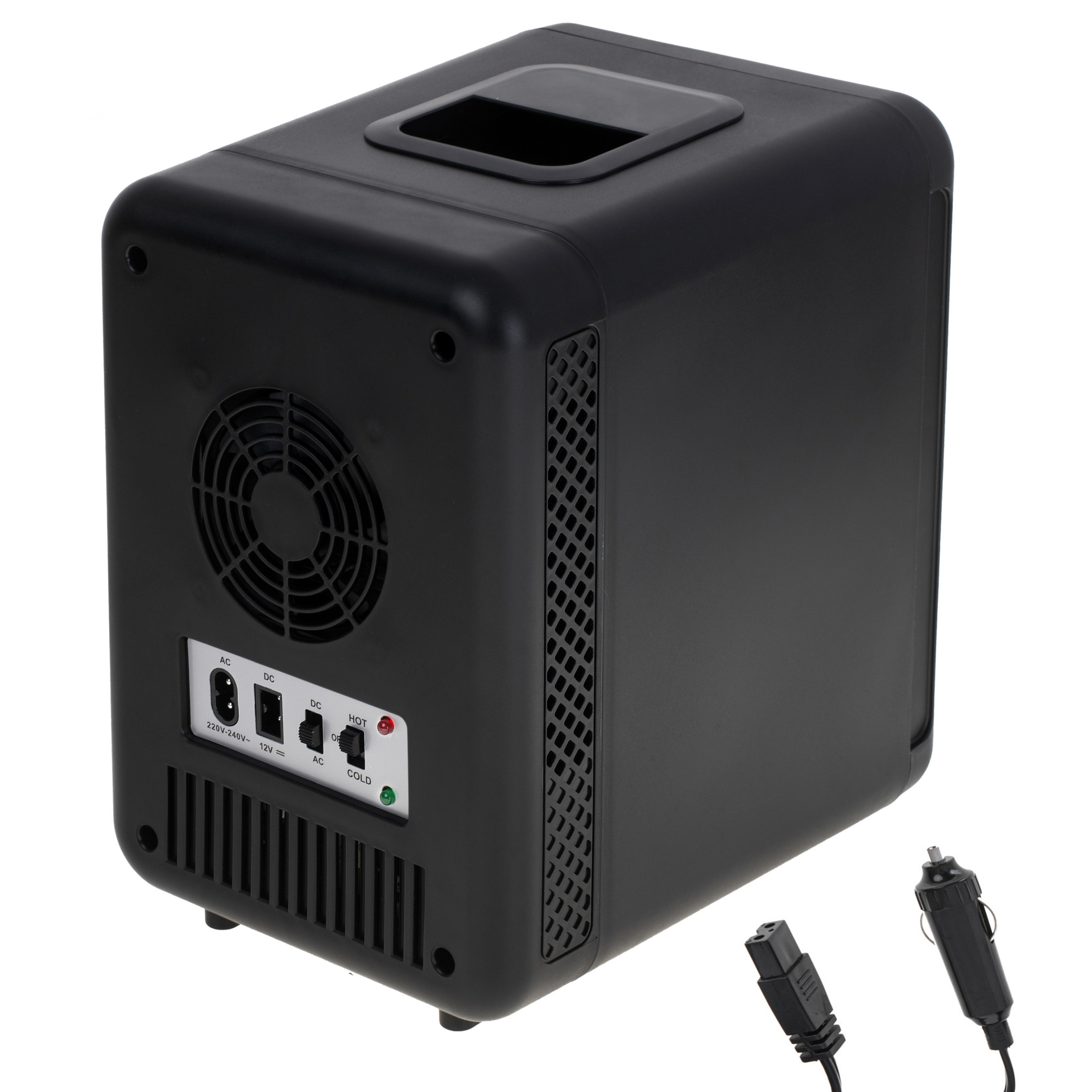Fekete mini hűtőszekrény hátulján ventilátorral, látható kábelekkel, dugókkal és vezérlőkkel. Fekete teteje van.